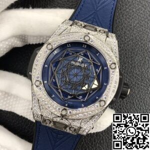 WWF Factory Hublot Big Bang Replica Watches Full Diamond Blue Dial