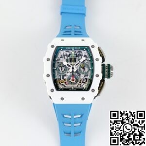 KV Factory Fake Richard Mille RM11 White Ceramic Blue Rubber Strap