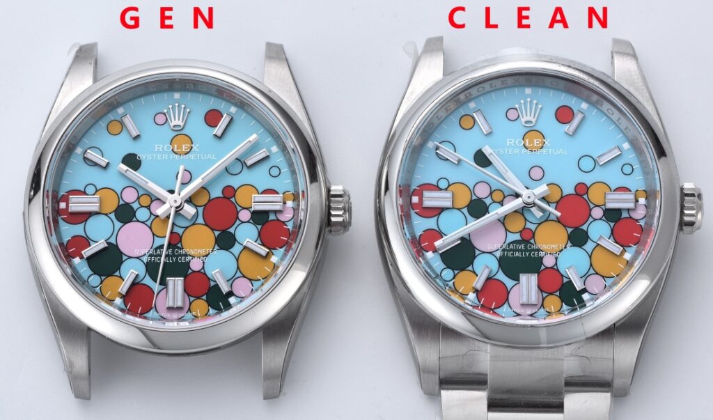 Explore the essential differences between Clean Factory 124300/126000 replica Oyster Perpetual watches and their authentic counterparts.