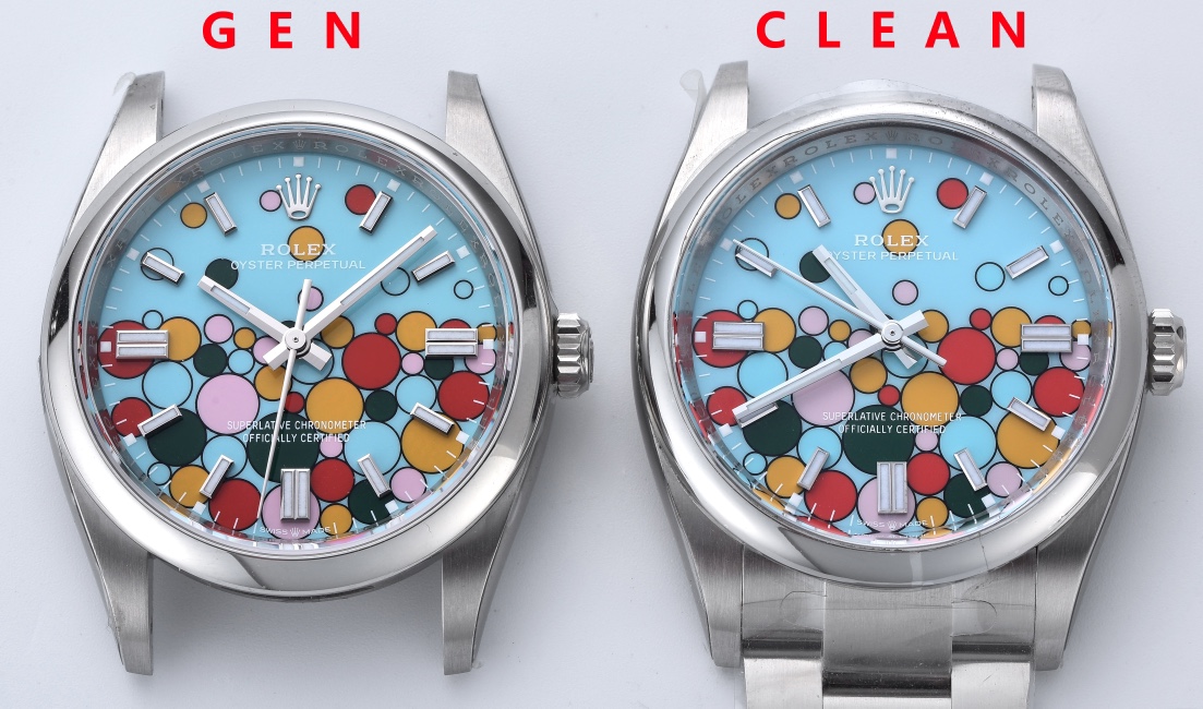 Explore the essential differences between Clean Factory 124300/126000 replica Oyster Perpetual watches and their authentic counterparts.